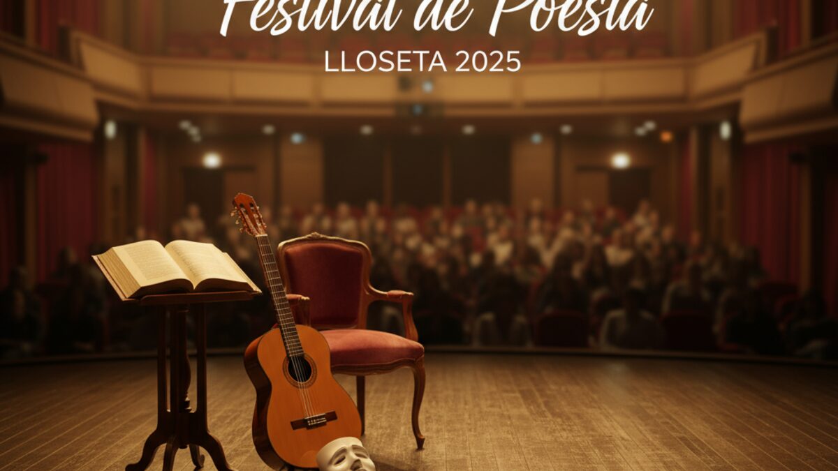 Bühnenbild mit poetischem Buch, klassischer Gitarre und Theatermaske im Teatre Lloseta, Festival de Poesie 2025