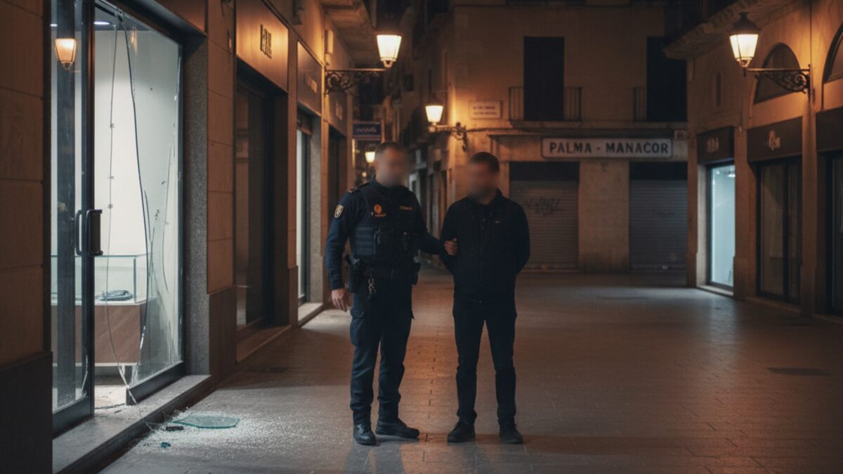 Polizeiliche Festnahme eines mutmaßlichen Einbrechers vor einem Geschäft mit zerbrochenem Glas in Palma bei Nacht