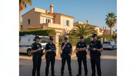Polizeibeamte vor einem mediterranen Wohnhaus auf Mallorca bei der Festnahme einer Einbrecherbande