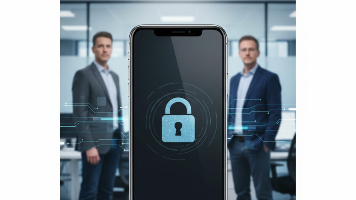 Smartphone im Vordergrund mit zwei Männern im Hintergrund in einem Büroraum, Symbol für Datenschutz und Privatsphäreverletzung in Palma