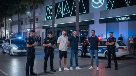 Sechs Touristen werden von der Polizei vor einer Diskothek in Palma de Mallorca festgenommen, symbolisiert eine nächtliche Polizeieinsatsszene im urbanen Umfeld.
