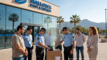 Polizeieinsatz vor einem Paketdienst auf Mallorca zur Festnahme wegen Drogenschmuggel mit deutschen und slowakischen Staatsbürgern
