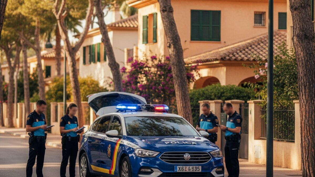 Polizeiauto mit Blaulicht auf einer Straße auf Mallorca vor mediterranen Häusern symbolisiert die Aufklärung einer Einbruchserie durch die Polizei