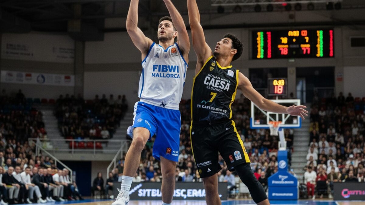 Dynamische Basketballszene mit Fibwi Mallorca Bàsquet Palma Spieler bei Wurf gegen Grupo Caesa Seguros FC Cartagena CB in einem modernen Hallenstadion
