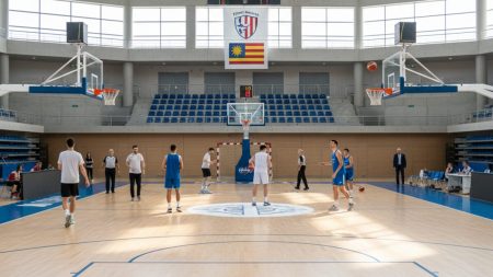 El Fibwi Mallorca Bàsquet Palma spielt in Menorca statt Son Moix Basketballspiel-Bühne mit Spielern in einer modernen Halle auf den Balearen, symbolisiert Spielortwechsel von Fibwi Mallorca Bàsquet nach Menorca