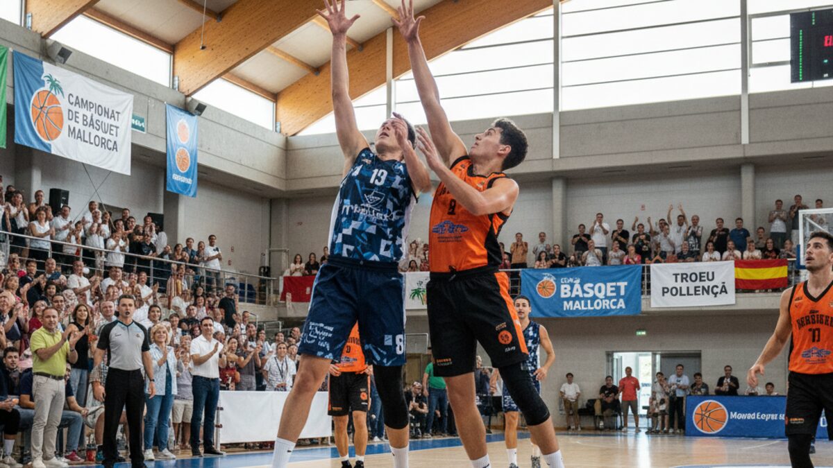 Intensives Basketballspiel zwischen Fibwi Mallorca und Palmer Basket im Pavelló Municipal de Pollença mit sportlichen Spielern und jubelnden Fans