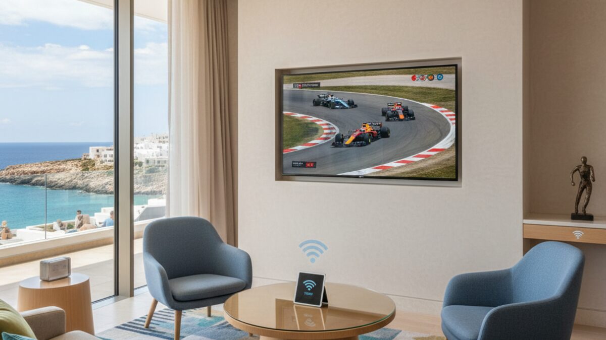 Modernes Hotelzimmer auf den Balearen mit großem Fernseher, der live Sportübertragungen zeigt, ideal für sportbegeisterte Hotelgäste