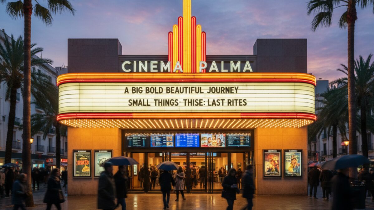 Außenansicht eines Kinos in Palma de Mallorca mit beleuchtetem Filmmarquee und Postern für neue und klassische Filme