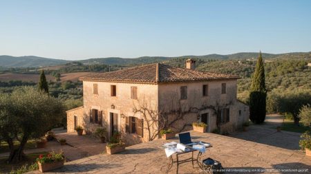 Finca-Betrug auf Mallorca: Deutsche Agentur unter Druck Traditionelle Finca auf Mallorca mit Symbolen für finanzielle Schwierigkeiten und Buchungsagentur-Problemen in der Mitte des Bildes