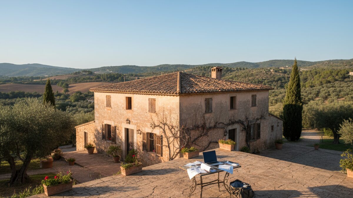 Traditionelle Finca auf Mallorca mit Symbolen für finanzielle Schwierigkeiten und Buchungsagentur-Problemen in der Mitte des Bildes