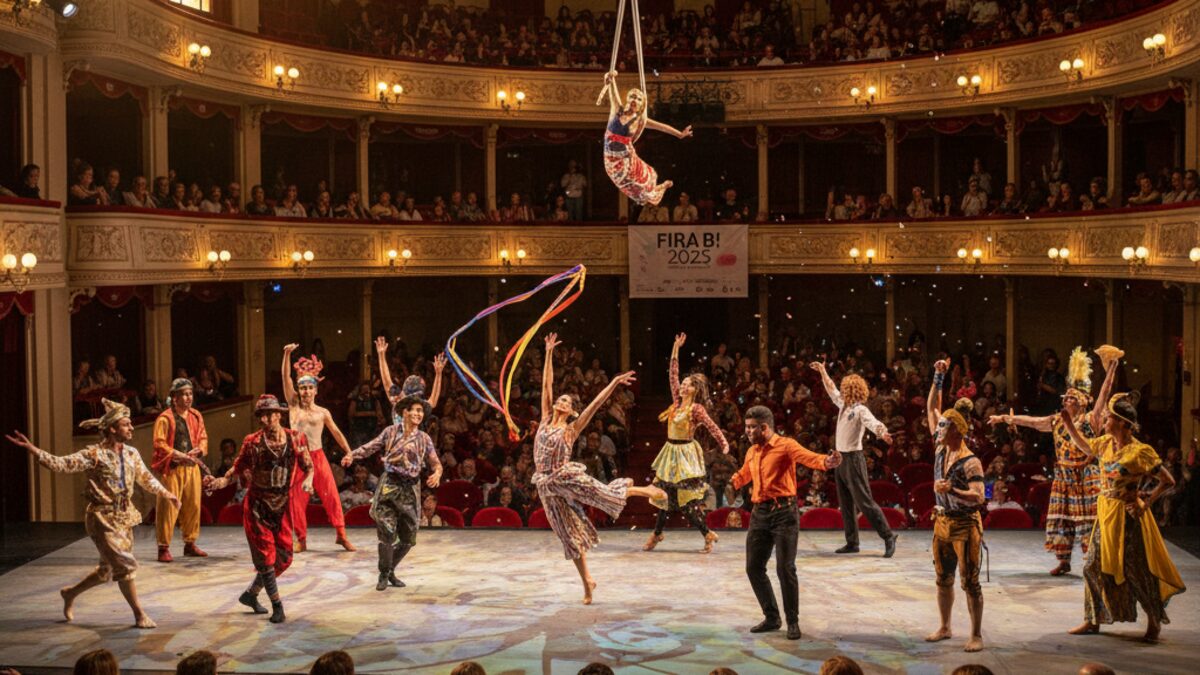 Eröffnung der Fira B! 2025 in Palma mit darstellenden Künstlern auf der Bühne im Teatre Principal, farbenfrohe Kostüme und ein vielfältiges Programm aus Tanz, Zirkus und Theater