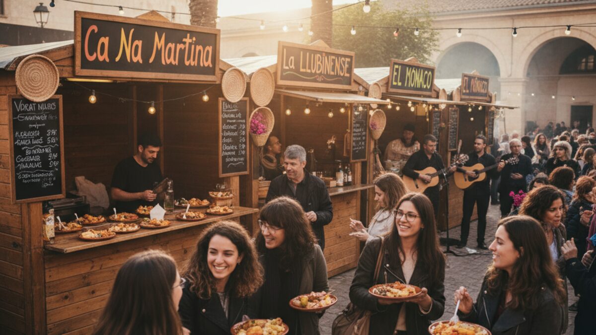 Besucher genießen traditionelle Variat-Tapas bei der Fira del Variat am Mercat de Pere Garau in Palma, Mallorca.