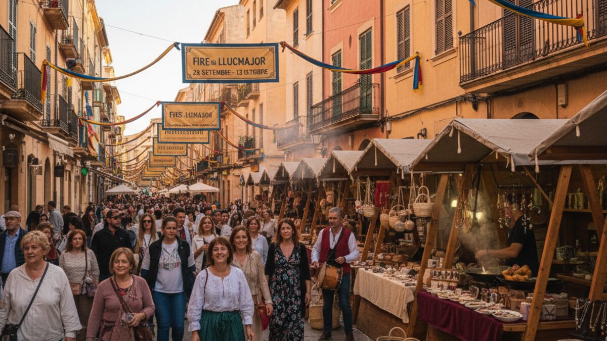 Festliche Szene der Fires de Llucmajor in Mallorca mit Handwerksständen, traditionellen Speisen und Menschen in neutraler Kleidung bei Tageslicht im Passeig de Jaume III