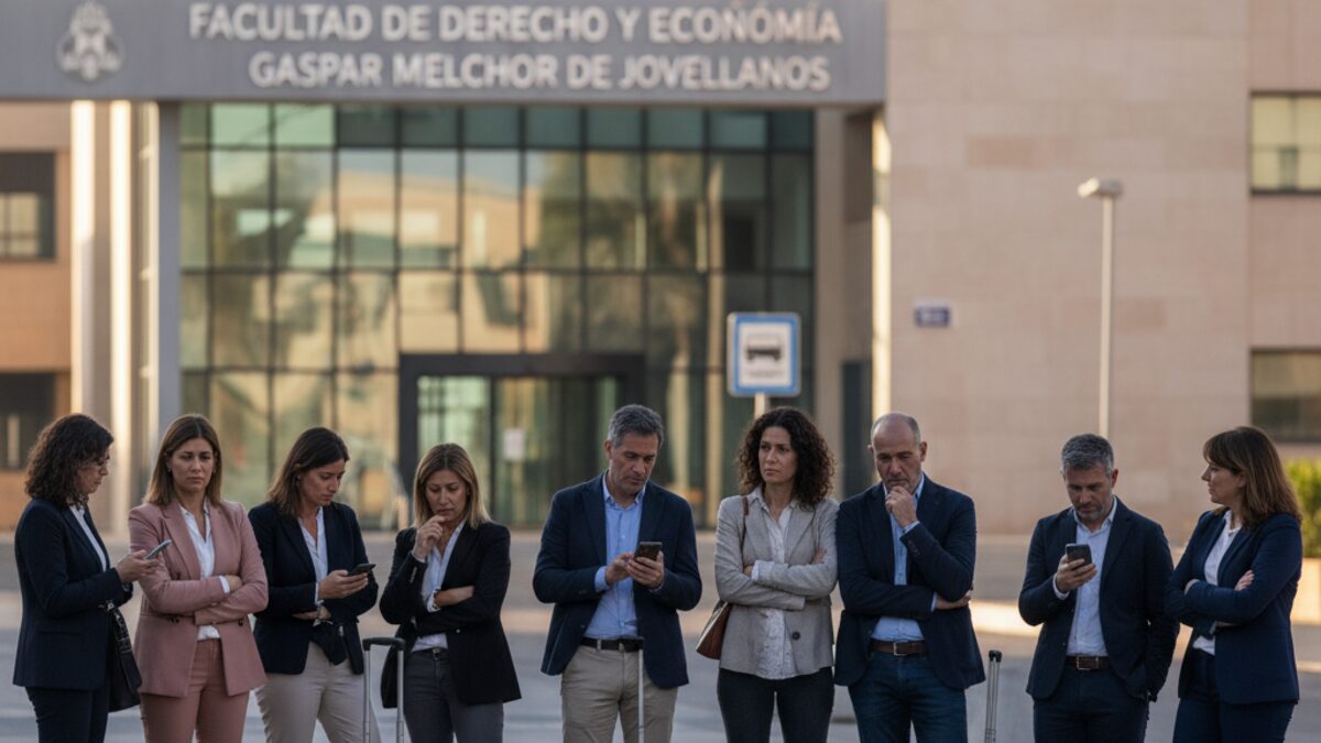 Bewerber vor der Fakultät für Rechts- und Wirtschaftswissenschaften in Palma, betroffen von Flugausfall bei Justizprüfung