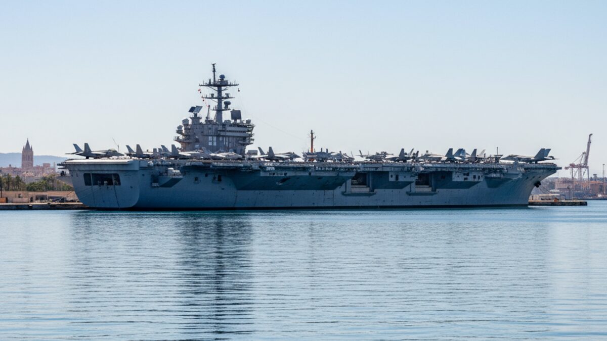 Der Flugzeugträger USS Gerald R. Ford liegt realistisch in der Bucht von Palma mit klar sichtbaren Flugzeugen auf dem Flugdeck und mediterranem Hafen im Hintergrund.