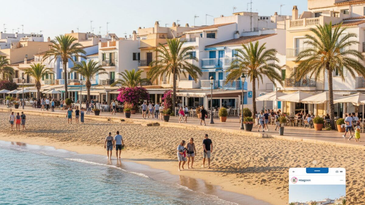 Strand und bunte Architektur von Magaluf mit Smartphone und Instagram-Hashtag #mirinconfavoritodemagaluf als Symbol für den Fotowettbewerb