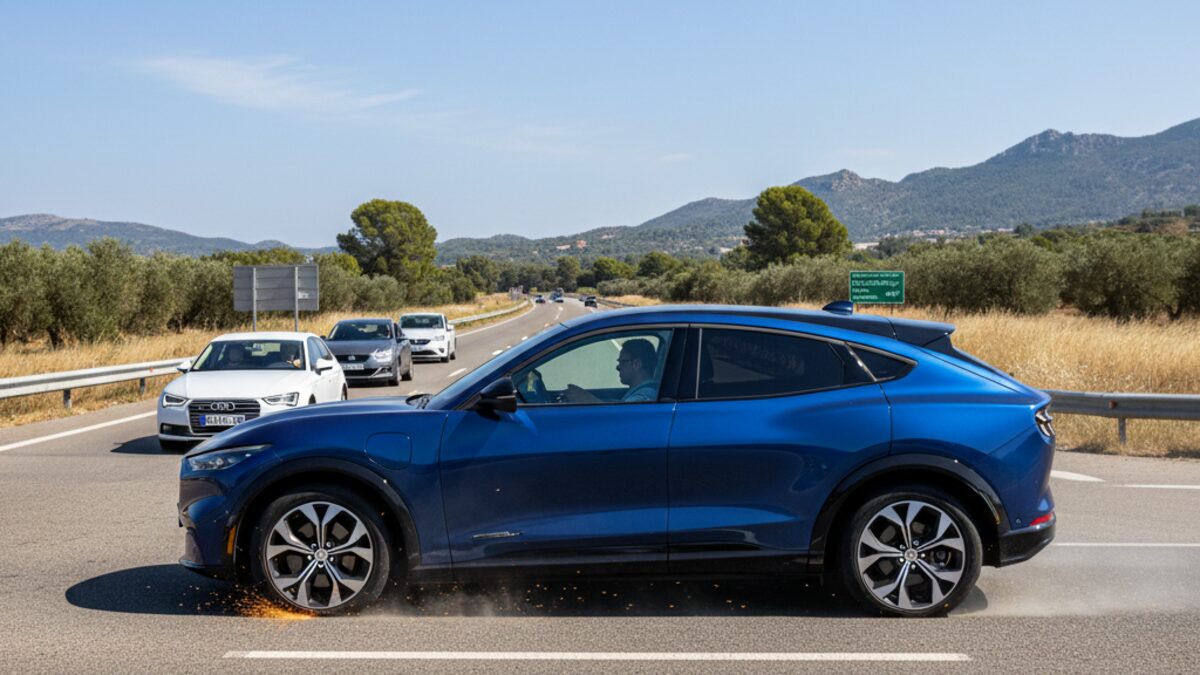 Ford Auto mit zwei beschädigten linken Reifen und Funkenflug auf Mallorca Autobahn Palma-Inca, andere Fahrzeuge überholen vorsichtig.