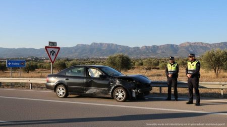 Frau in Mallorca wegen Fahrt ohne Räder und Promille festgenommen Auto auf Mallorca auf dem Seitenstreifen mit fehlenden Rädern auf der linken Seite und Polizeibeamten vor Ort