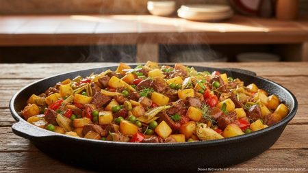 Frito mallorquín erobert die Herzen in ganz Spanien Nahaufnahme eines traditionellen Frito mallorquín mit Lammfleisch, Leber, Kartoffeln, Paprika und frischem Gemüse in einer rustikalen Pfanne