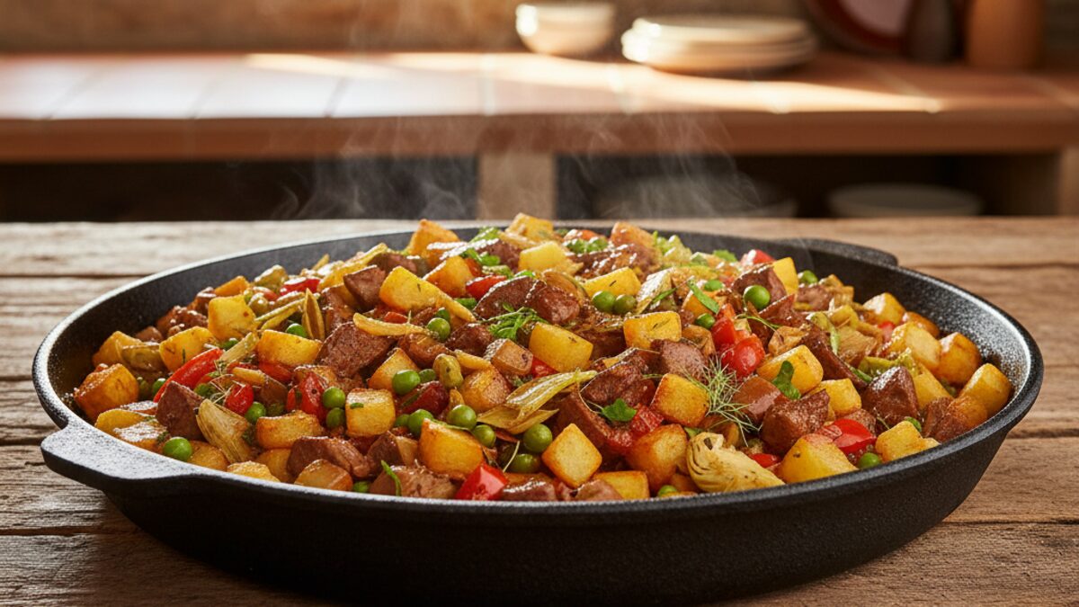 Nahaufnahme eines traditionellen Frito mallorquín mit Lammfleisch, Leber, Kartoffeln, Paprika und frischem Gemüse in einer rustikalen Pfanne