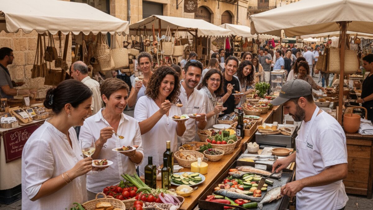 Lebendige Straßenszene in Inca mit Menschen, die lokale Gerichte bei der Tastam Inca Gastronomie- und Handelsveranstaltung genießen, mit regionalen Produkten und Weinen.