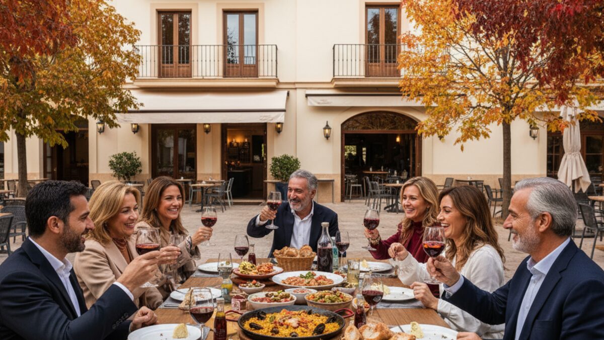 Gedeckter Tisch mit mediterranen Gerichten bei La Mostra Calvià im Herbst, Gäste genießen gemeinsames Essen im Freien auf Mallorca