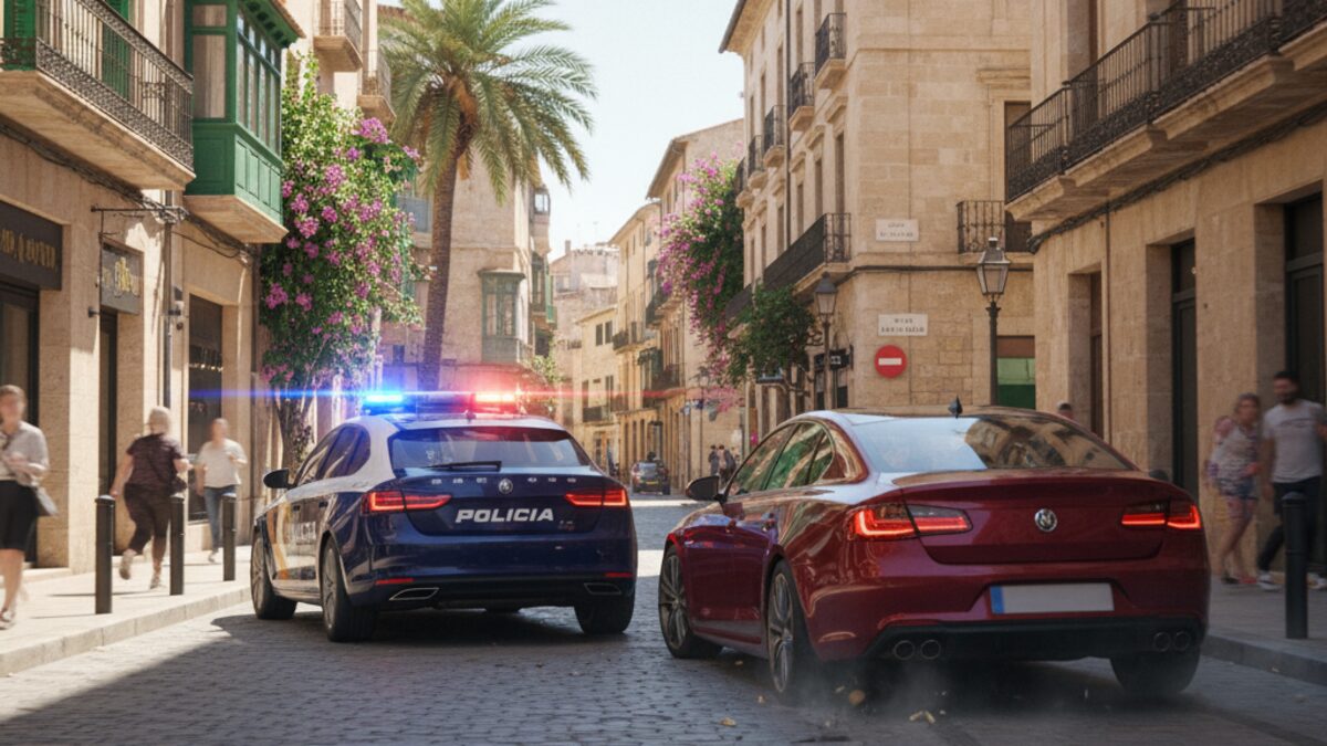 Polizeiauto verfolgt ein beschädigtes Fahrzeug mit eingeschalteten Blaulichtern auf einer Straße in Palma de Mallorca während einer gefährlichen Verfolgungsjagd