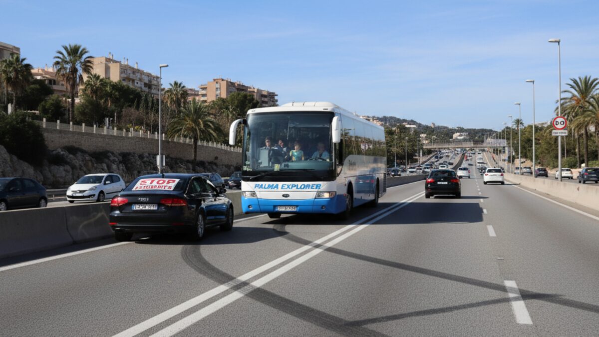 Touristenbus und Auto auf der Vía de Cintura in Palma de Mallorca mit riskanten Fahrmanövern eines Fahrers