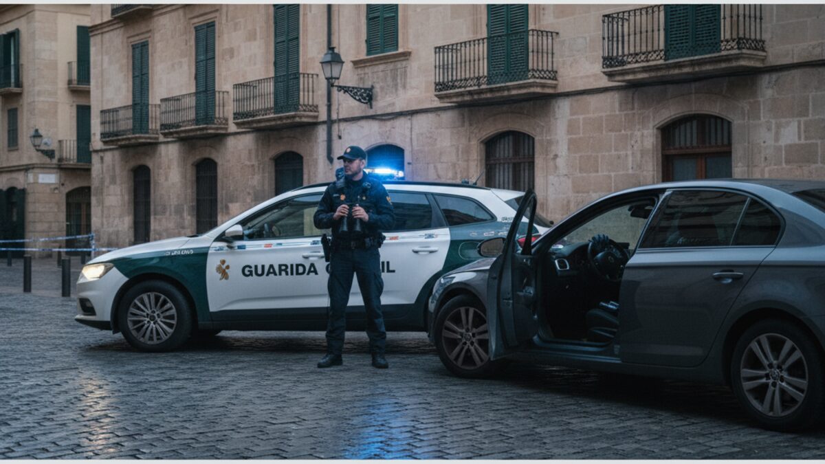 Polizeiauto der Guardia Civil in Palma de Mallorca bei einer Ermittlung am Abend, mit Polizeiausrüstung und neutraler urbaner Kulisse