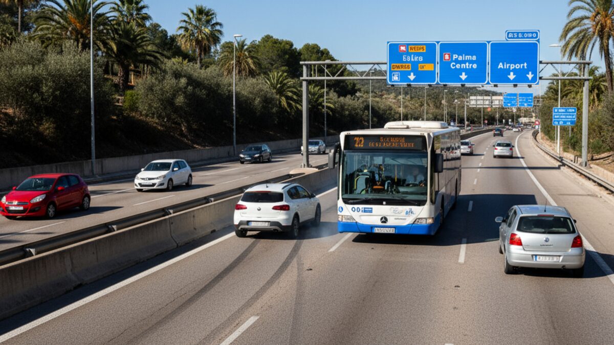 White car performing dangerous lane change forcing a bus to stop on Palma ring road in Mallorca, police investigations ongoing