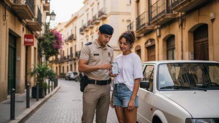 Polizeibeamter zeigt ein sichergestelltes Smartphone einem jungen Erwachsenen auf einer sonnigen Straße im Viertel Pere Garau in Palma