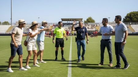 Spannung und Streit zwischen Eltern und Offiziellen während eines Jugendfußballspiels auf Mallorca mit Schiedsrichter und Polizist zur Vermittlung