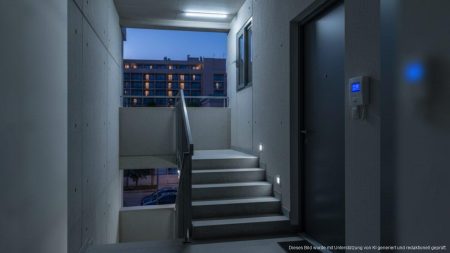 Treppenhaus eines Wohngebäudes in Magaluf bei Abenddämmerung, neutral und ernst, symbolisiert Gerichtsprozess wegen gewalttätigem Raub