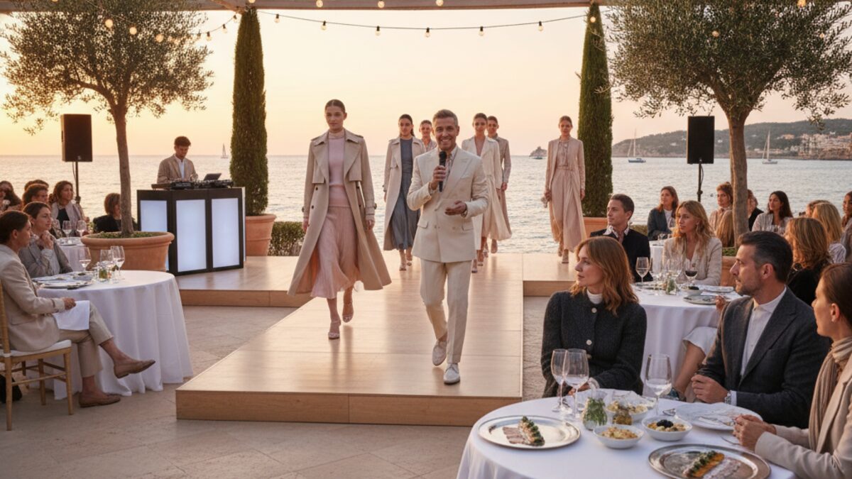 Elegante Modeshow der Pink Panther Show im Lobster Club auf Mallorca mit Modellen in dezenten pinkfarbenen Herbst-Winter-Outfits und kulinarischen Highlights