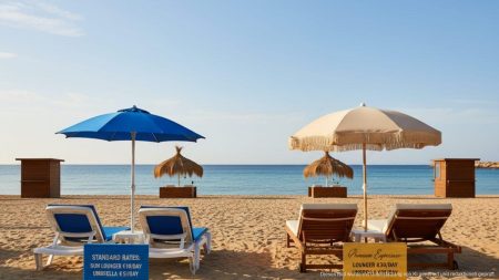 GOB kritisiert überteuerte ‚Premium‘-Hamacas auf Cala Major Zwei Sets von Strandliegen mit blauen und goldenen Preisschildern am Cala Major Strand zeigen Standard- und überteuerte Premium-Tarife.