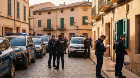 Polizeieinsatz der Guardia Civil und Policía Nacional bei einer Razzia gegen Drogenhandel und Geldwäsche auf Mallorca in einer mediterranen Stadtumgebung