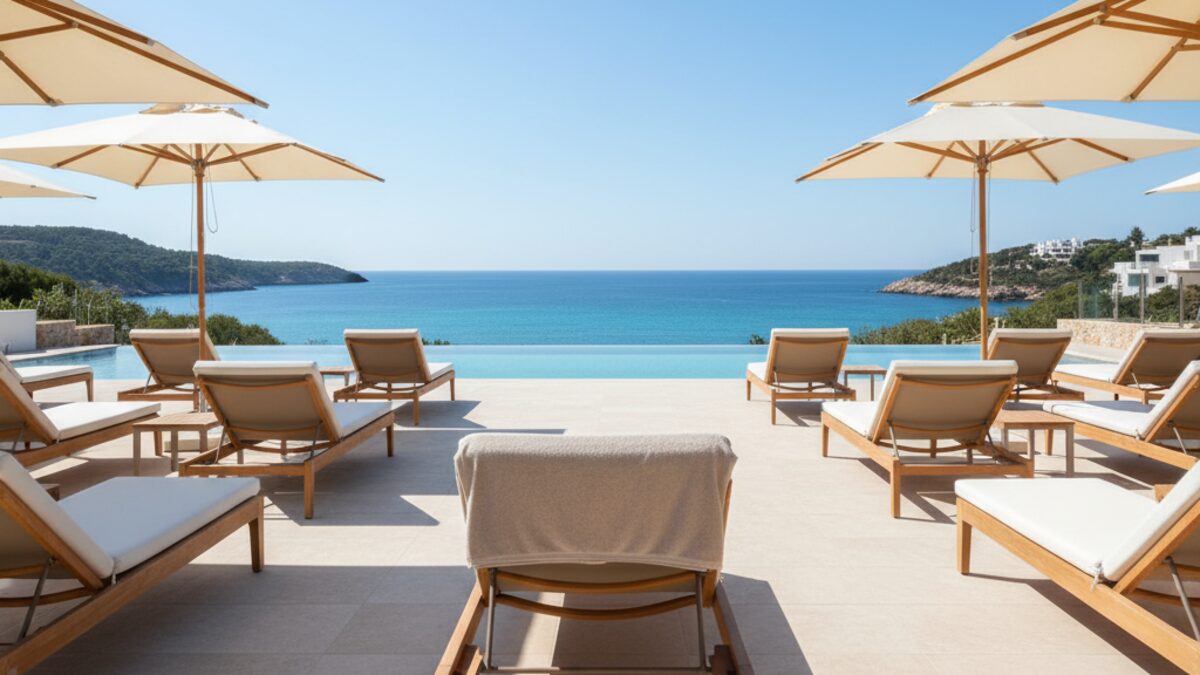 Handtuch auf einem Liegestuhl am Hotelpool auf Mallorca symbolisiert die Reservierung von Badestellen