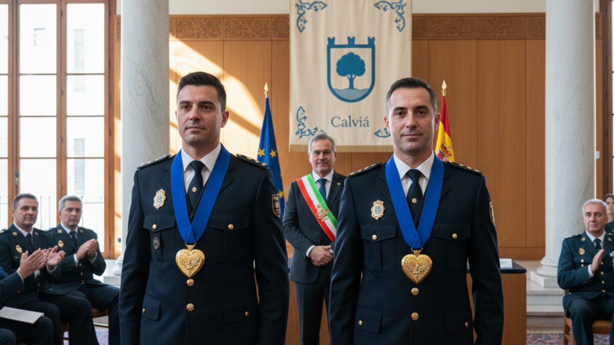Zwei Polizisten erhalten feierlich den Cor de Calvià vom Bürgermeister für heldenhaften Einsatz bei Brandrettung in Santa Ponça, Mallorca