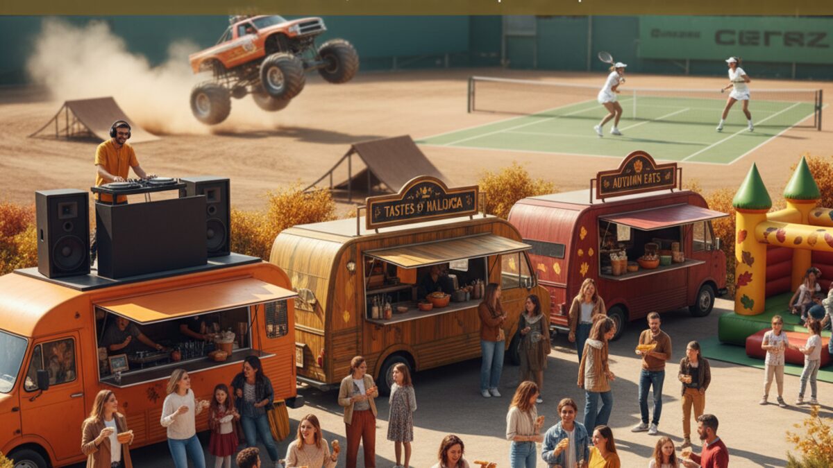 Lebhafte Herbstszene auf Mallorca mit Foodtrucks, Familienaktivitäten, Monstertrucks und Tennisspielern bei Festivals und Shows