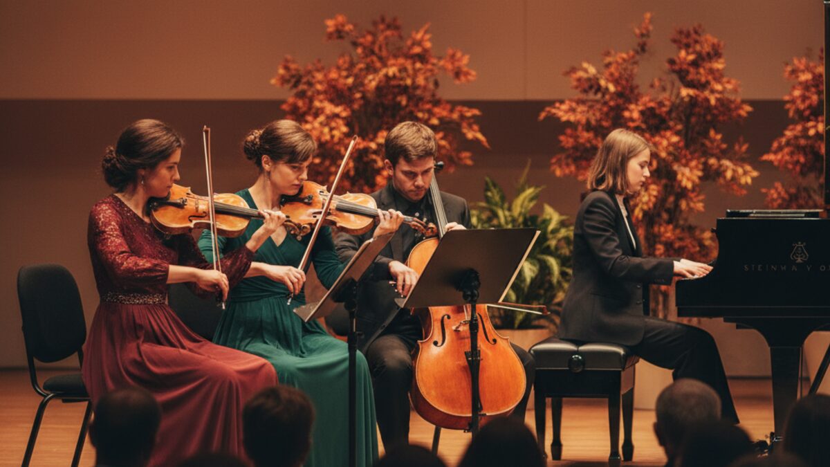 Streichquartett und Pianist bei einem herbstlichen Konzert in der Macia Batle Bodega