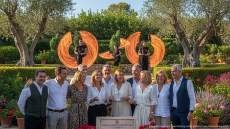 Festliche Zusammenkunft in den Gärten mit einer Gedenkplakette und einer Feuershow zur Erneuerung des Hermanamientos zwischen Andratx und Elche de la Sierra