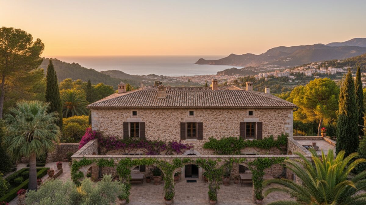Historische Villa S’Atalaya auf Mallorca mit Blick auf die Bucht von Palma und das Dorf Valldemossa bei Sonnenuntergang