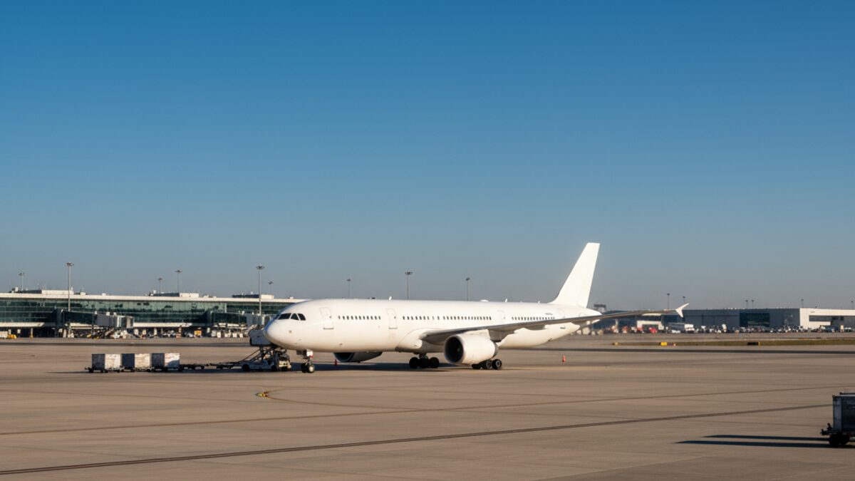 Leerer Flugzeug auf Startbahn bei sonnigem Wetter symbolisiert Hitzechaos und Leerflug nach Kassel