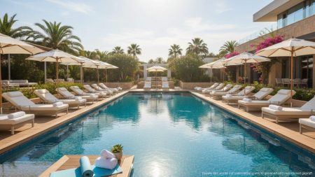 Luxuriöser Hotelpool auf Mallorca mit Sonnenliegen und Yoga-Matte bei sonnigem Tageslicht