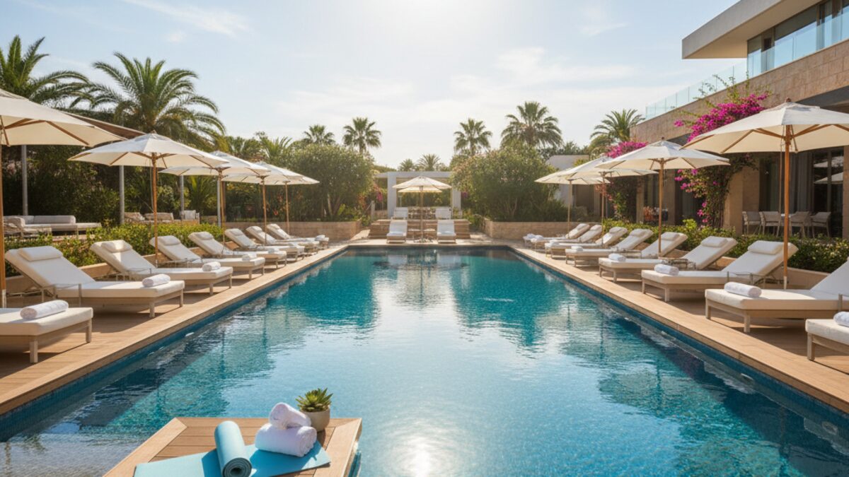 Luxuriöser Hotelpool auf Mallorca mit Sonnenliegen und Yoga-Matte bei sonnigem Tageslicht