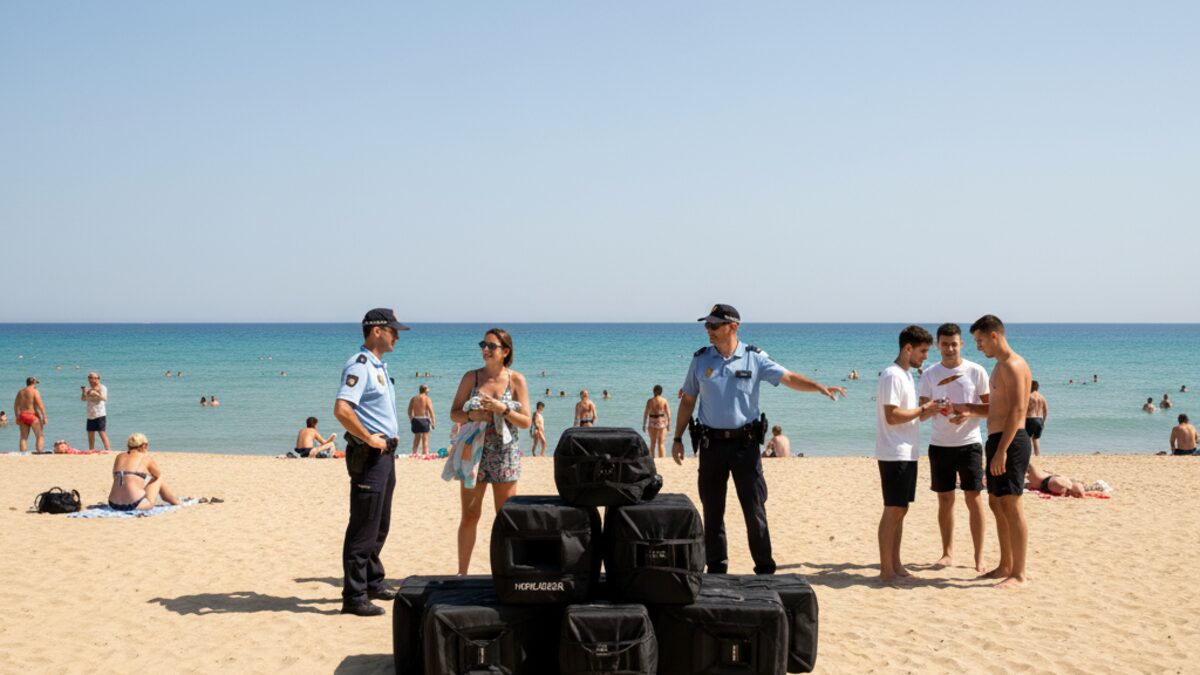 Polizeibeamte am Strand Ballermann 6 auf Mallorca neben beschlagnahmten Lautsprechern bei sonnigem Wetter