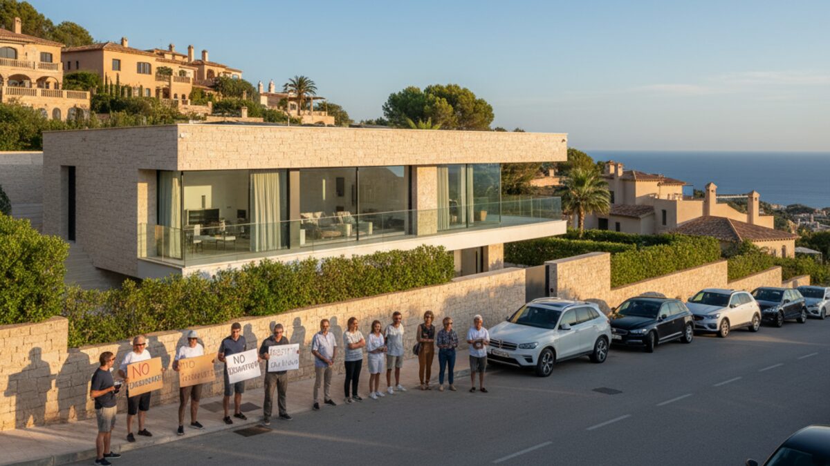 Luxusvilla auf Mallorca mit friedlichen Anwohnerprotesten gegen illegale Veranstaltungen und Überbelegung