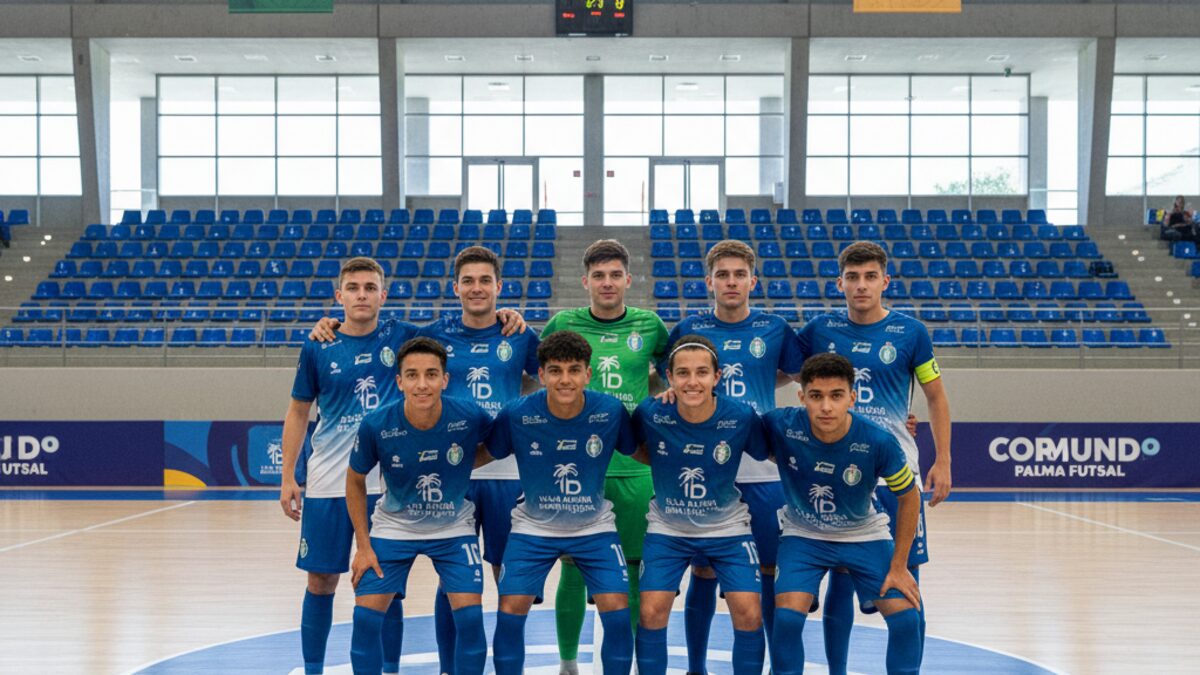 Das Illes Balears Palma Futsal U19-Team in modernen Trikots in einer Sporthalle beim Copa Mundo do Futsal Sub-19 Turnier in Blumenau, Brasilien