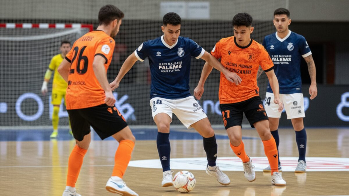 Futsalspiel zwischen Illes Balears Palma Futsal und Quesos Hidalgo Manzanares in der Manzanares Arena mit aktiven Spielern in sportlicher Aktion