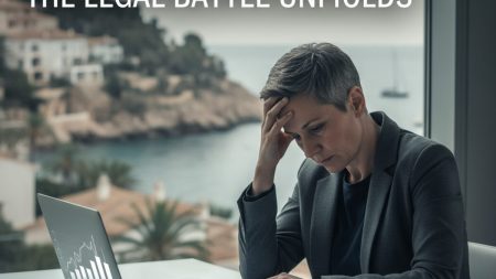 Person in einem Büro mit Dokumenten und Laptop, die eine rechtliche Angelegenheit zum Immobilienbetrug auf Mallorca symbolisiert